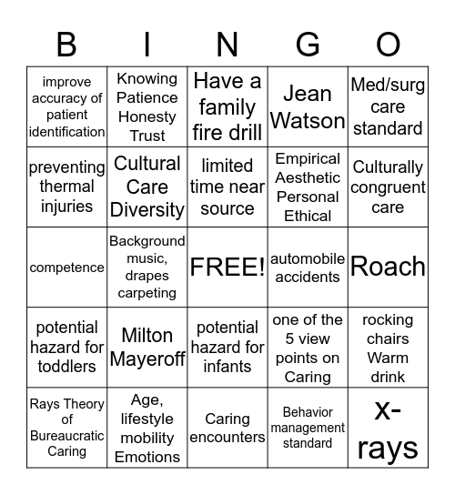 Caring/Safety Bingo Card