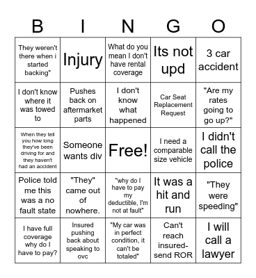 CLAIM ADJUSTER THINGS Bingo Card