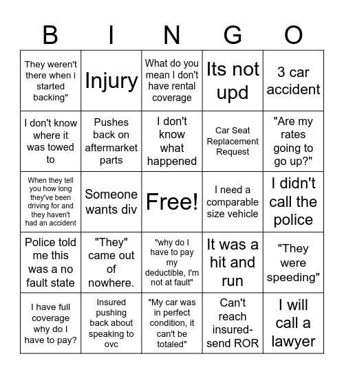 CLAIM ADJUSTER THINGS Bingo Card