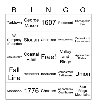 Virginia Studies Bingo Card