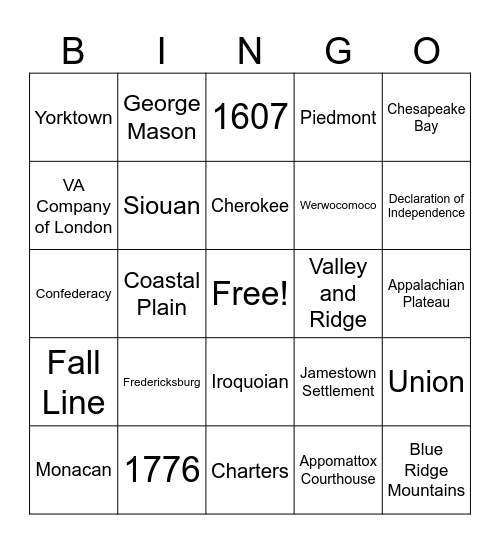 Virginia Studies Bingo Card