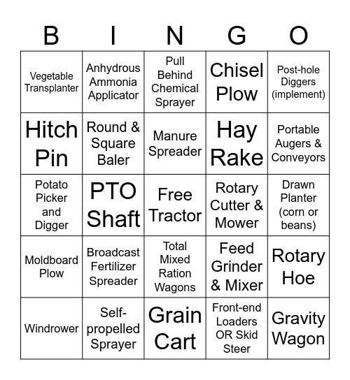 Tractor implement Bings Bingo Card