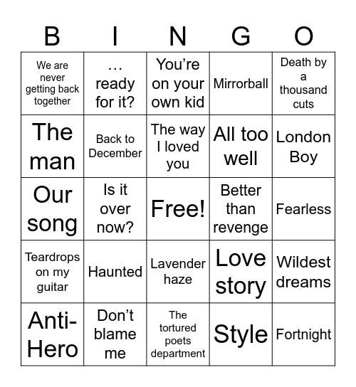 Ella’s bday Era Bingo Card
