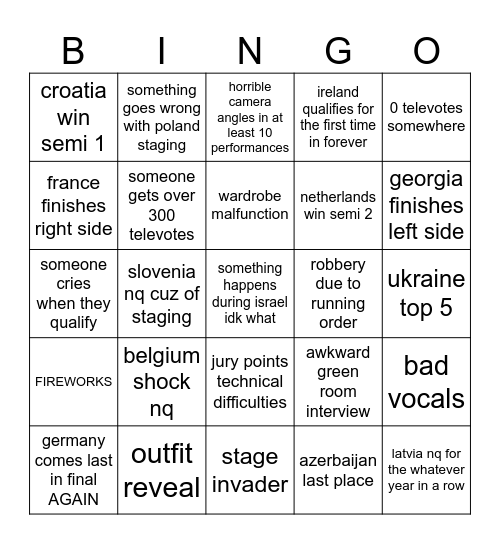 eurovisioné Bingo Card