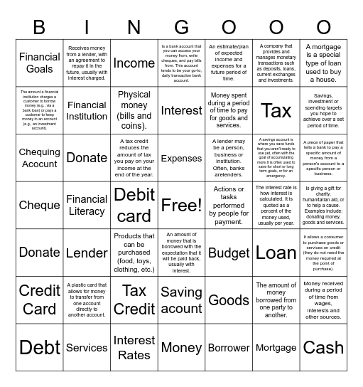 Financial Literacy Bingo Card