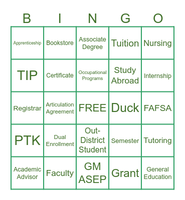 COLLEGE 101 Bingo Card