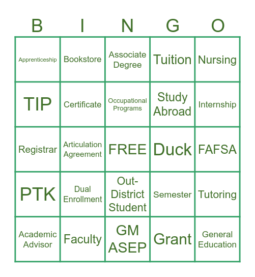 COLLEGE 101 Bingo Card