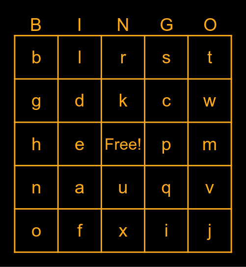 abcdefghijklmnopqrstuvwx Bingo Card