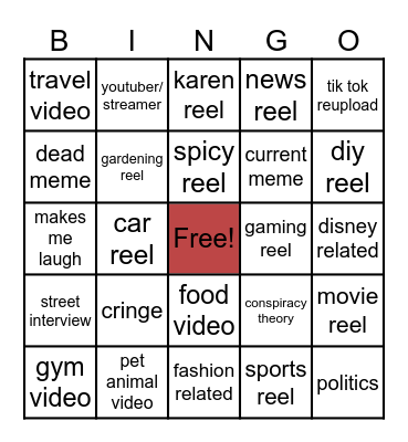 Instagram reel bingo Card