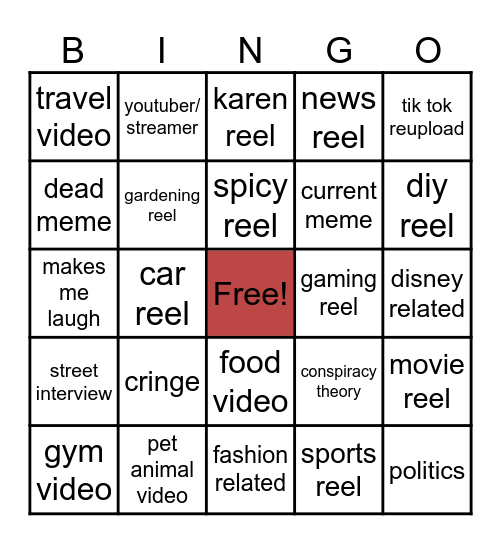 Instagram reel bingo Card