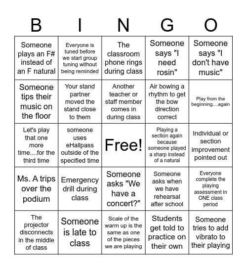 Orchestra Class Bingo Card