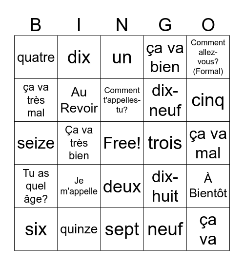 Français Bingo Card