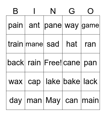 short and long "a" sounds Bingo Card