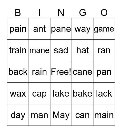 short and long "a" sounds Bingo Card