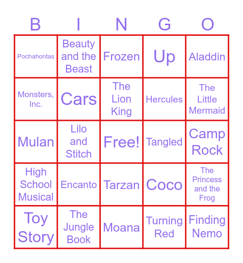 Disney BINGO Card