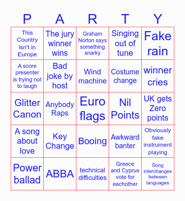 Eurovision 2024 Bingo Card