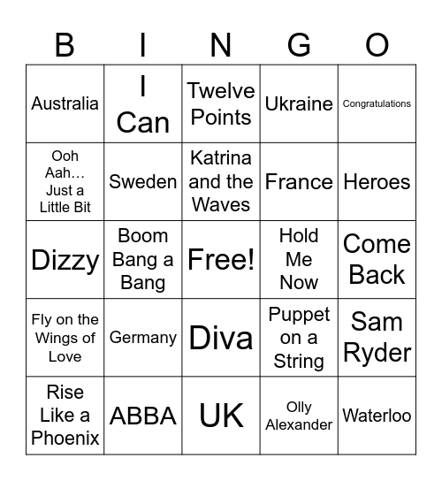 Eurovision Bingo 2024 Bingo Card