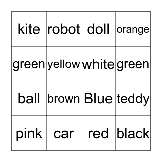 TOYS AND COLOURS Bingo Card