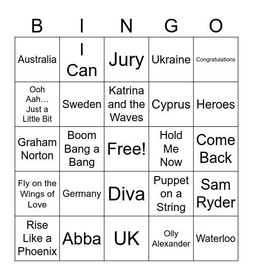 Eurovision Bingo 2024 Bingo Card