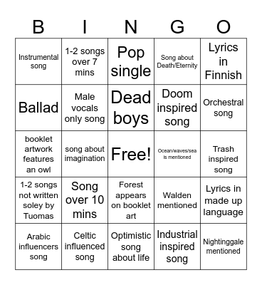 Nightwish Album Bingo Card