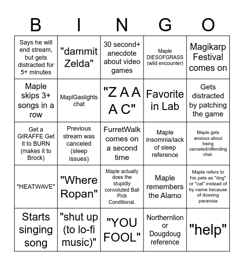 DrMaple Stream Bingo Card