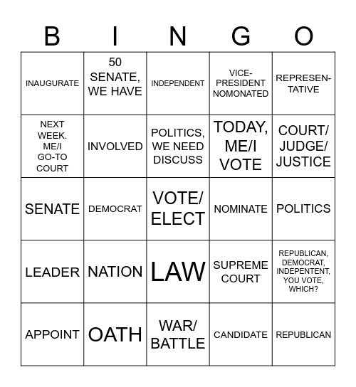 UNIT 8: Topic 1: GOVERNMENT AND POLITICS VOC (TOPIC 1) Bingo Card