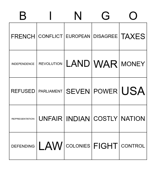 AMERICAN REVOLUTION Bingo Card
