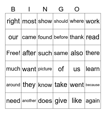 English Bingo Card