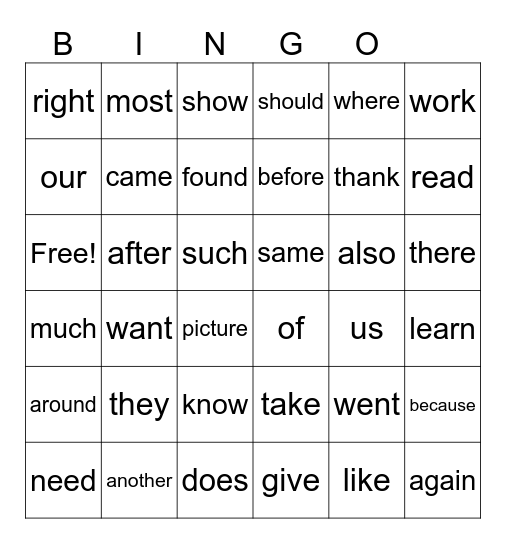 English Bingo Card