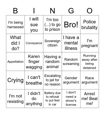 Police Callout Bingo Card