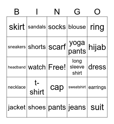 Clothes Vocab. Bingo Card