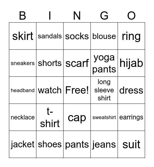 Clothes Vocab. Bingo Card