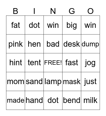 PHONICS Bingo Card