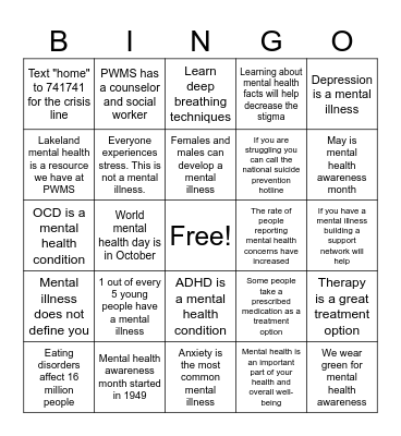 Mental Health Facts Bingo Card