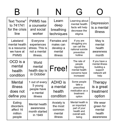 Mental Health Facts Bingo Card