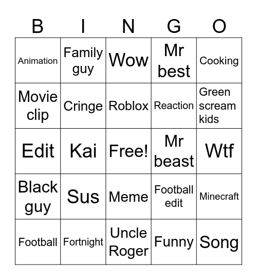 YouTube shorts Bingo Card