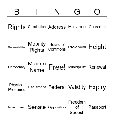 Canadian Citizenship Bingo Card