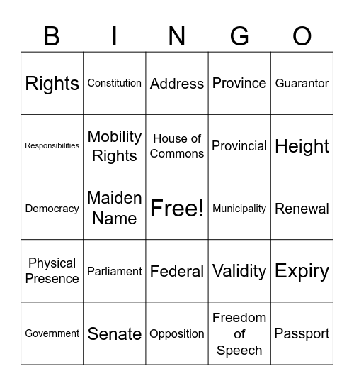 Canadian Citizenship Bingo Card