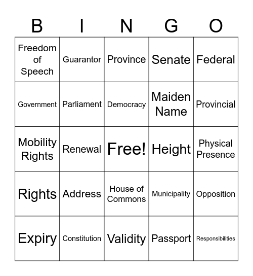 Canadian Citizenship Bingo Card