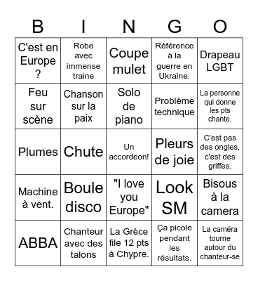 Eurovision France 2024 Bingo Card