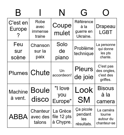 Eurovision France 2024 Bingo Card