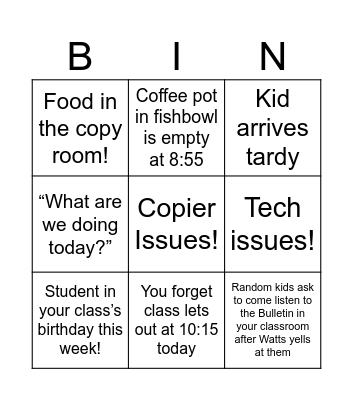 1st Period Bingo! Bingo Card