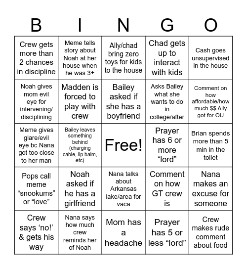 Oklahoma Family fun Bingo Card