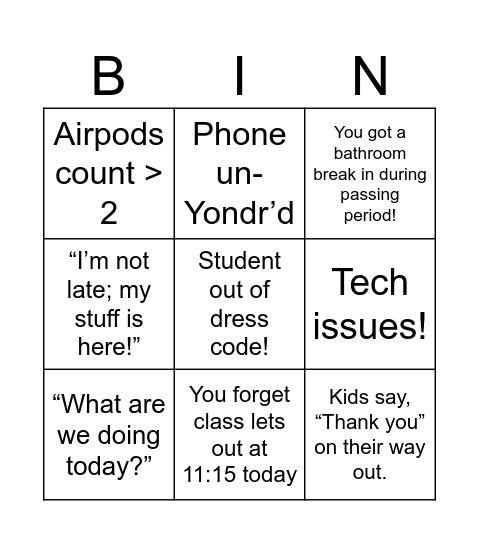 2nd Period Bingo! Bingo Card