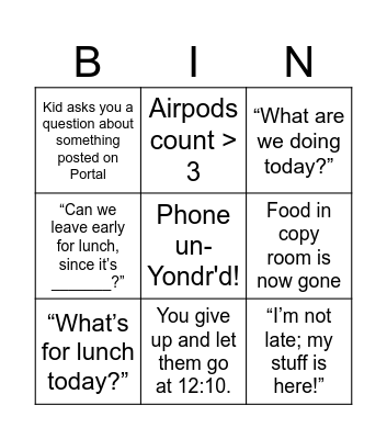 3rd Period Bingo! Bingo Card