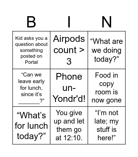 3rd Period Bingo! Bingo Card