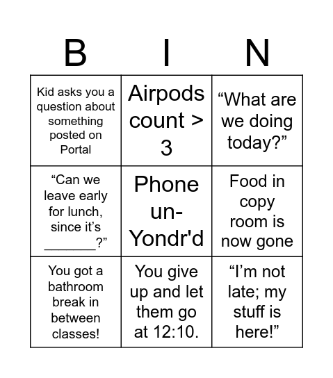 3rd Period Bingo! Bingo Card