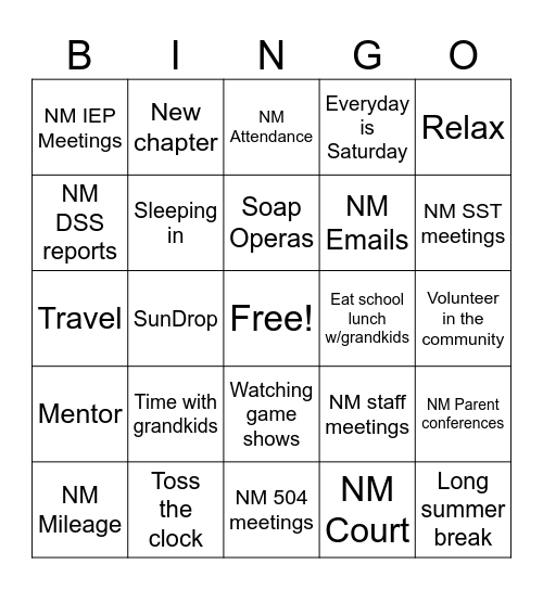 Cynthia's Retirement Bingo Card