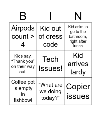 4th Period Bingo! Bingo Card