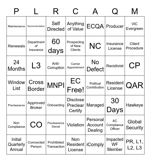 Employee Compliance Bingo Card